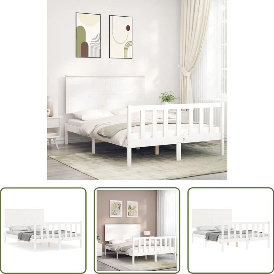 The Living Store Bedframe met hoofdbord massief hout wit 140x200 cm Bedframe Bedframes Bed Tweepersoonsbed Slaapkamermeubel Houten Bedframe Houten Bed Bedbodem Massief Houten Bedframe Ledikant Bedframe Met Hoofdeinde - Foto 2