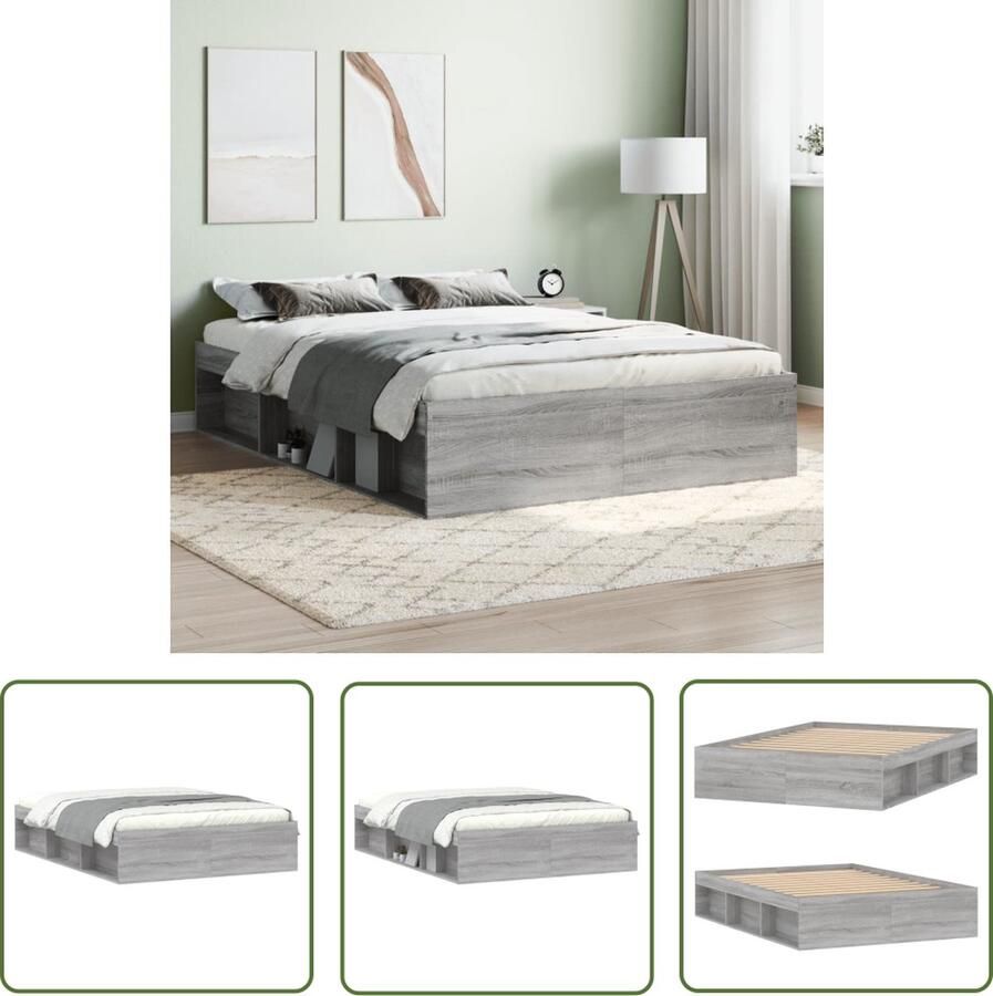 The Living Store Bedframe Grenenhout Moderne Slaapkamer Grijs Sonoma Eiken 193 x 138 x 35 cm Modern Bedframe Houten Bedframe Grijze Bedframe Met Opbergvakken Tweepersoons Bedframe - Foto 2