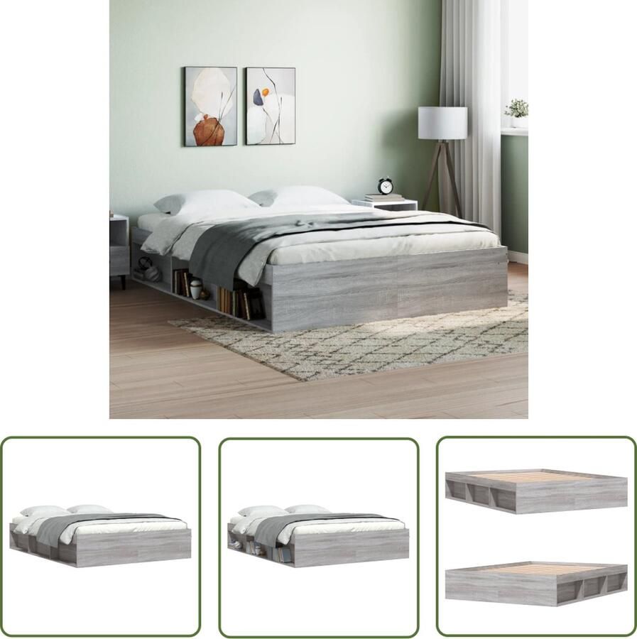 The Living Store Bedframe Grijs Sonoma Eiken Houten 203 x 143 x 35 cm Met opbergruimte Houten Bedframe Tweepersoons Bed Grijze Bed Sonoma Eiken Bed Met Opbergvak - Foto 2