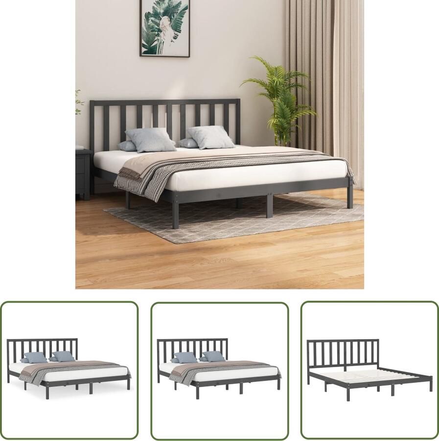 The Living Store Bedframe massief hout grijs 200x200 cm Bedframe Bedframes Tweepersoonsbed Bed Bedombouw Dubbel Bed Frame Bed Frame Ledikant Bedframe Met Hoofdeinde Tweepersoonsbedden - Foto 3