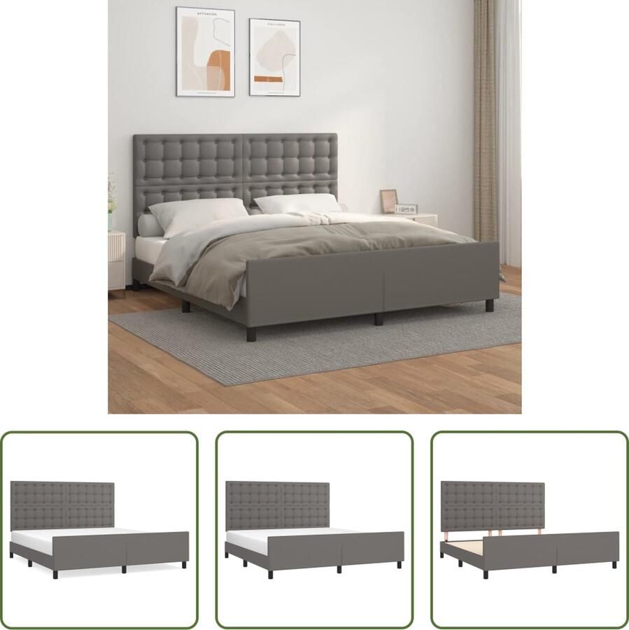 The Living Store Bedframe met hoofdbord kunstleer grijs 160x200 cm Bedframe Hoofdeinde Tweepersoonsbed Grijs Kunstleer