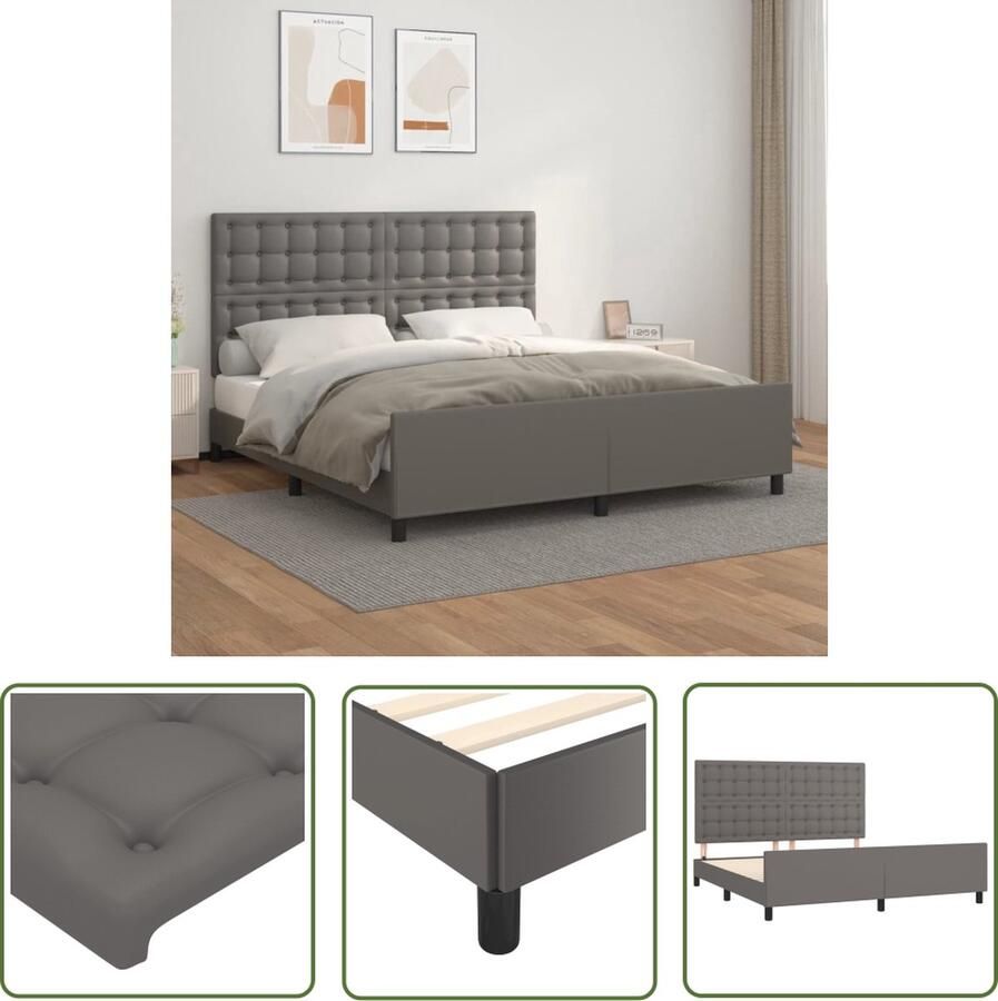 The Living Store Bedframe met hoofdbord kunstleer grijs 160x200 cm Bedframe Hoofdeinde Tweepersoonsbed Grijs Kunstleer - Foto 2