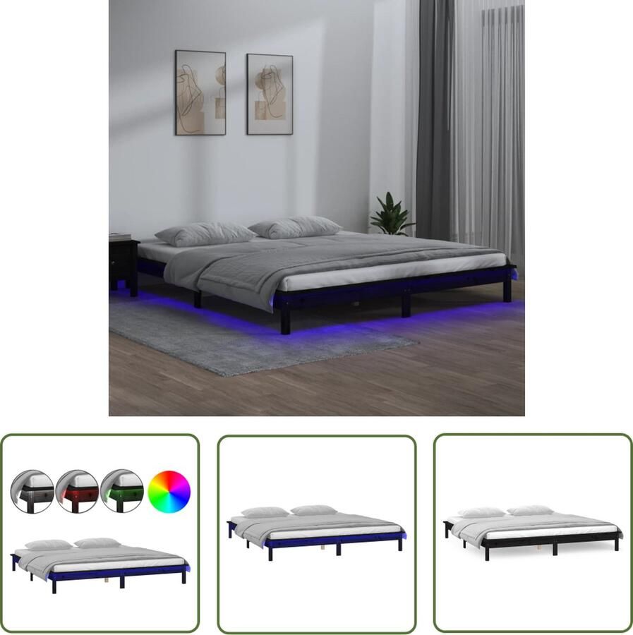 The Living Store Bedframe Houten Bedframe met LED-verlichting 160 x 200 cm Zwart Massief grenenhout stabiel bedframe kleurrijke LED-verlichting - Foto 2