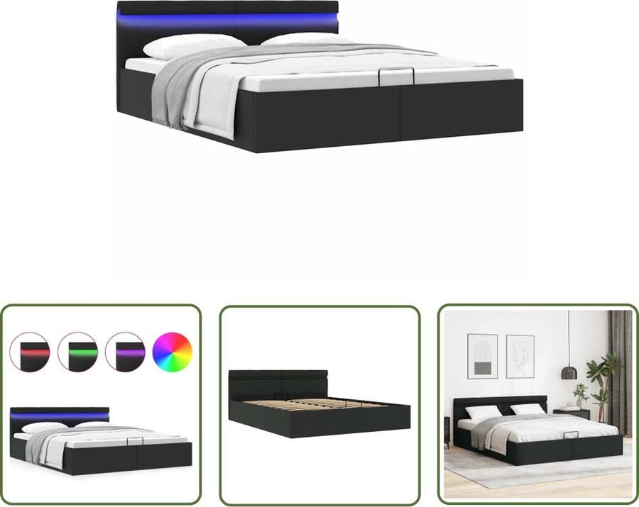 The Living Store Bedframe Hydraulisch Kunstleren bekleding 180 x 200 cm Met opbergvak LED-strip Zwart Hydraulisch Bed Kunstleder Bed Boxspring Bed Dubbel Bed Led Lamp - Foto 2