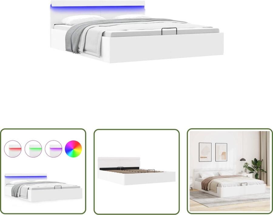 The Living Store Bedframe Hydraulisch Kunstleren bekleding 212 x 187 x 73 cm Wit Hydraulisch Bed Kunstleder Bed Boxspring Bed Slaapcomfort Led Lampjes