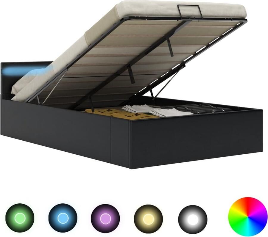 The Living Store Bedframe Hydraulisch Kunstleren bekleding Zwart 140 x 200 cm Met opbergvak LED-strip Afstandsbediening Hydraulisch Bedframe Kunstleder Bed Boxspring Bed Led Verlichting Bed Opbergbed
