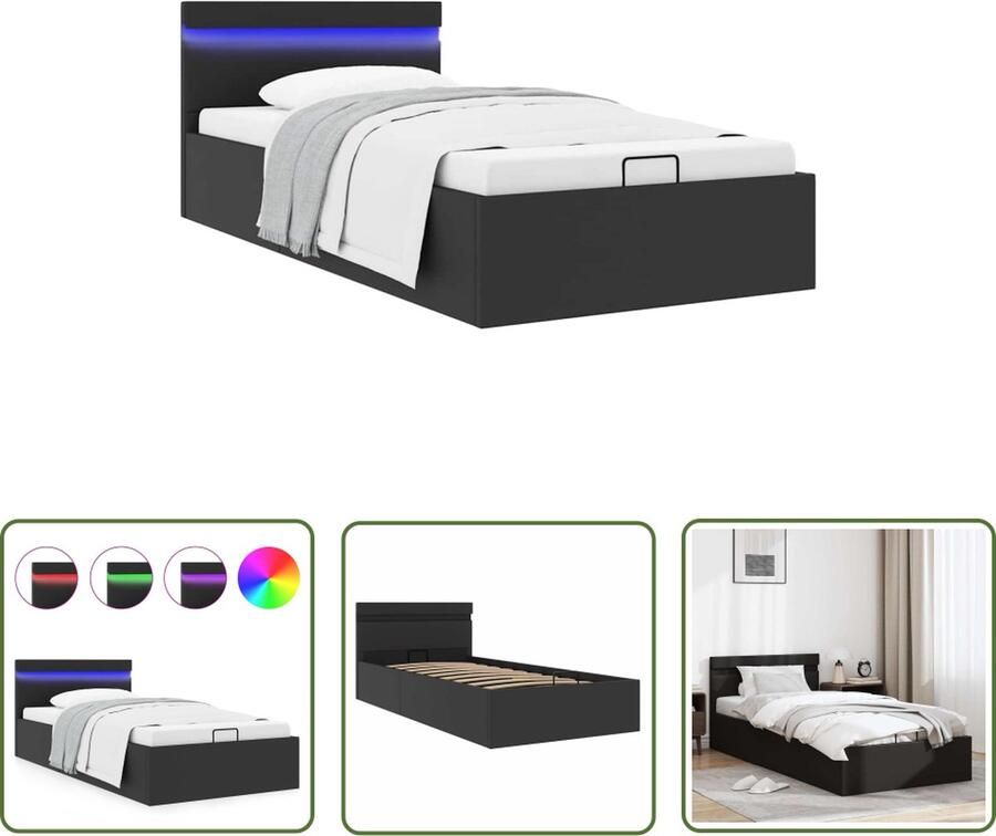 The Living Store Bedframe Hydraulisch Kunstleren bekleding Zwart 212 x 107 x 73 cm Geschikt voor matras van 100 x 200 cm LED-strip Afstandsbediening Opbergvak