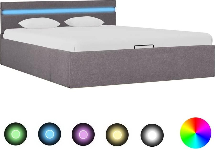 The Living Store Bedframe Hydraulisch Taupe 211x128x73 cm Opbergvak LED-strip Geschikt voor Matras 120x200 cm Met Afstandsbediening MDF-Frame Stoffen Bekleding Hydraulisch Bed Bedframe Taupestof Led Verlichting Opbergruimte