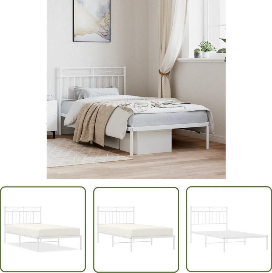 The Living Store Bedframe met hoofdbord metaal wit 100x190 cm Klassieke Bedframe Metalen Bedframe Wit Bedframe Staal Bedframe Met Opbergruimte - Foto 2