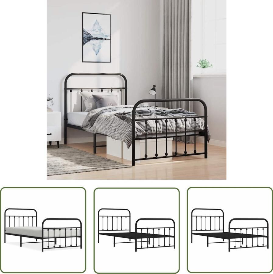 The Living Store Bedframe met hoofd- en voeteneinde metaal zwart 100x200 cm Metalen Bed Frame Klassiek Bed Zwart Bed Staal Bed Tweepersoons Bed
