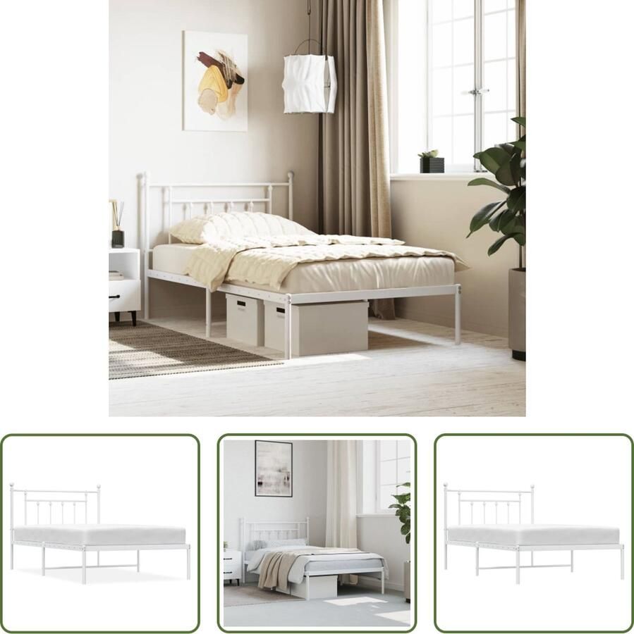 The Living Store Bedframe met hoofdbord metaal wit 100x200 cm Klassieke Bedframe Metalen Bedframe Wit Bedframe Staal Tweepersoonsbed