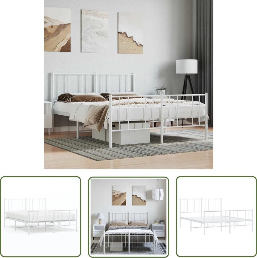 The Living Store Bedframe met hoofd- en voeteneinde metaal wit 135x190 cm Robuust Bedframe Klassiek Bed Metalen Bedframe Wit Bedframe Staal Bedframe