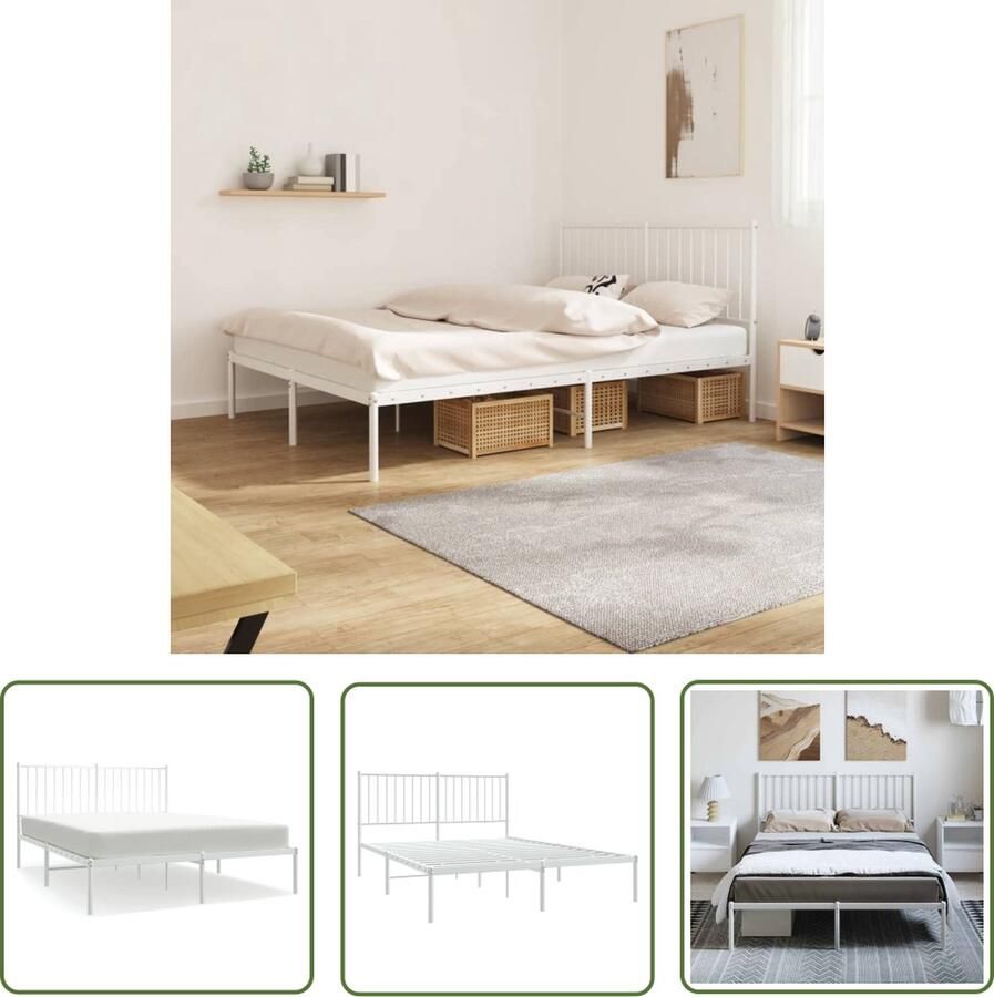 The Living Store Bedframe met hoofdbord metaal wit 135x190 cm Klassieke Bed Frame Staal Bedframe Wit Bedframe Eenpersoons Bed Frame Met Opbergruimte
