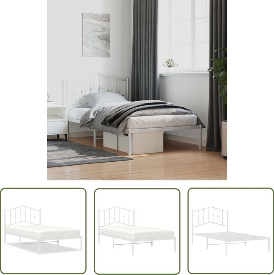 VidaXL Klassieke Bedstede Robuust Bed Frame Bedframe met hoofdbord metaal wit 100x190 cm Wit Bedframe Staal Bedframe Met Hoofdbord