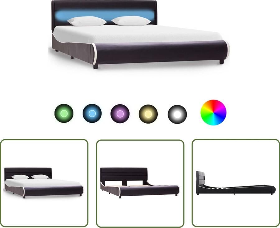 The Living Store Bedframe Kunstleren bekleding 217 x 166 x 69 cm Zwart Geschikt voor matras 160 x 200 cm Met LED-strip en afstandsbediening Gepoedercoat ijzeren frame Houten lattenbodem USB-aansluiting Geen matras inbegrepen