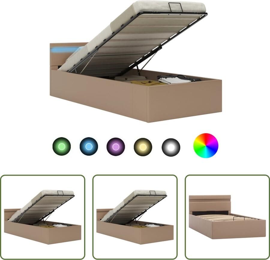 The Living Store Bedframe met opslag en LED kunstleer cappuccino 100x200 cm Bedframe Bedframes Bed Bedden Eenpersoonsbed Eenpersoonsbedden Slaapkamermeubilair Slaapkamermeubel Slaapkamermeubels Slaapkamermeubelen Slaapmeubel