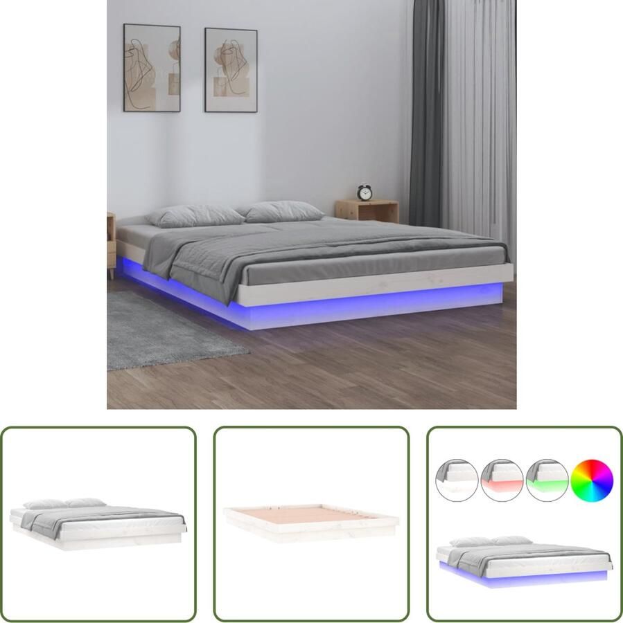 The Living Store Bedframe Grenenhout LED-verlichting 150 x 200 cm Wit Led Bed Hout Bed Grenenhouten Bed King Size Bed Bedframe