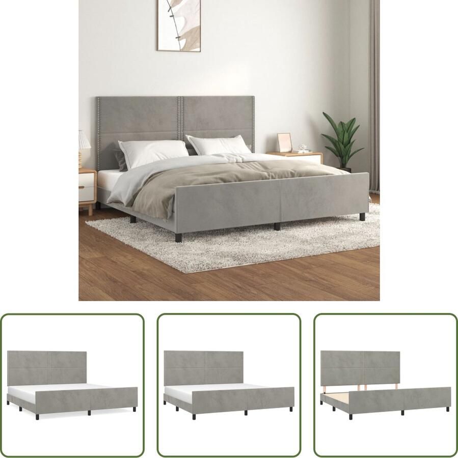 The Living Store Bedframe lichtgrijs fluweel 203 x 206 x 118 128 cm verstelbare hoogte ondersteunende poten multiplex lattenbodem comfortabele ondersteuning