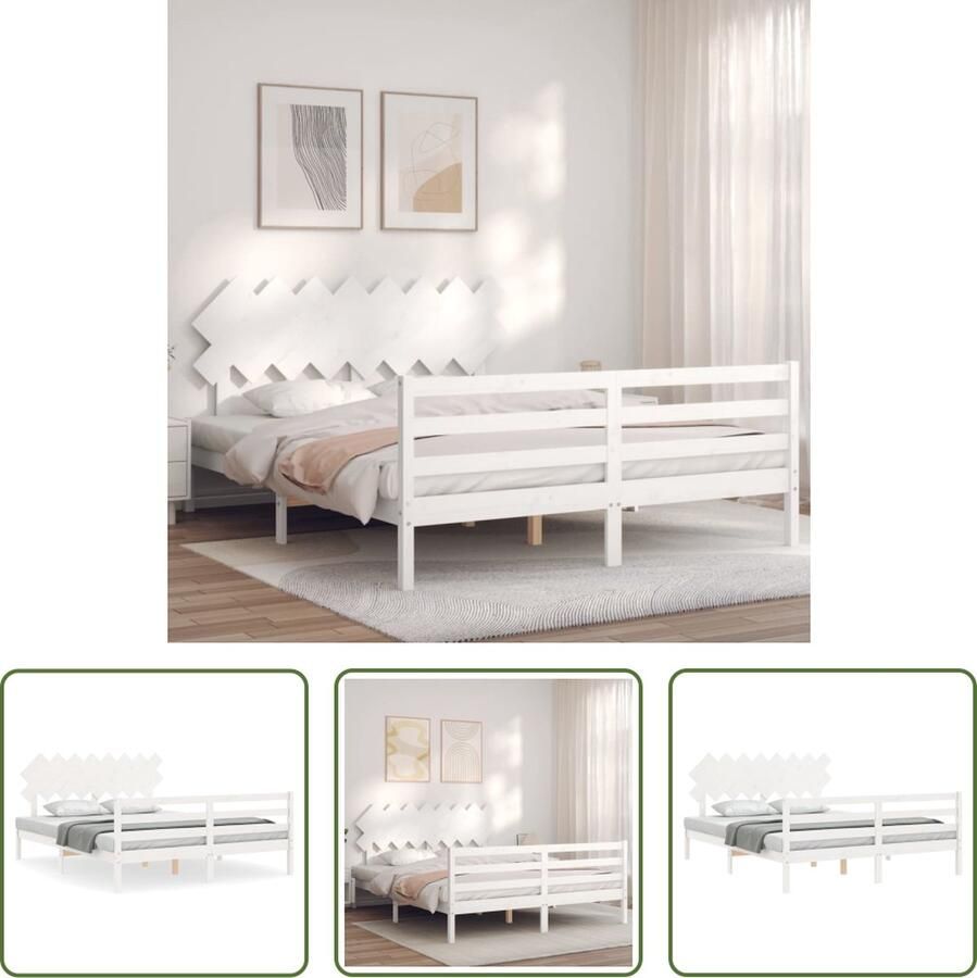 The Living Store Bedframe met hoofdbord massief hout wit 160x200 cm Bedframe Bedframes Bed Tweepersoonsbed Slaapkamermeubel Houten Bedframe Houten Bed Bedbodem Massief Houten Bedframe Ledikant Bedframe Met Hoofdeinde - Foto 4