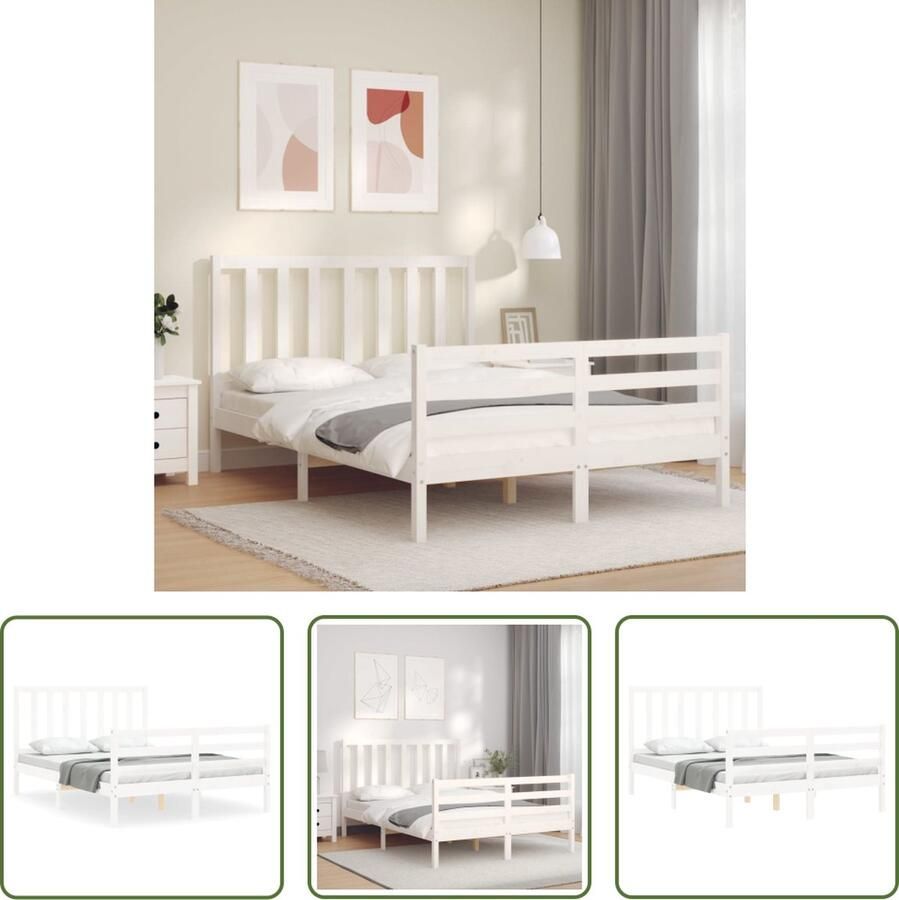 The Living Store Bedframe met hoofdbord massief hout wit 140x200 cm Bedframe Bedframes Bed Tweepersoonsbed Slaapkamermeubel Houten Bedframe Houten Bed Bedbodem Massief Houten Bedframe Ledikant Bedframe Met Hoofdeinde - Foto 2