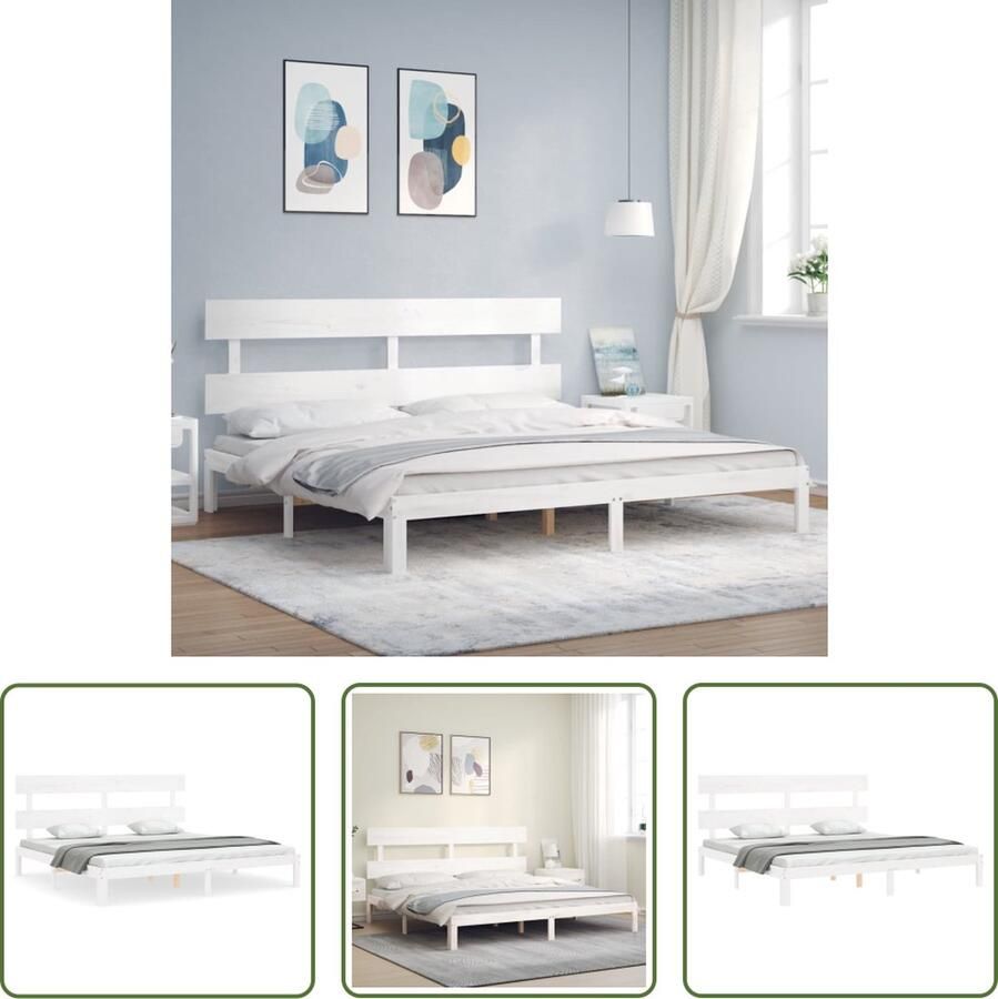 The Living Store Bedframe Massief grenenhout Wit 203.5 x 203.5 x 81 cm Multiplex lattenbodem Massief Hout Bed Frame Grenenhout Bed Frame Tweepersoons Bed Witte Bed Frame Bed Met Hoofdbord