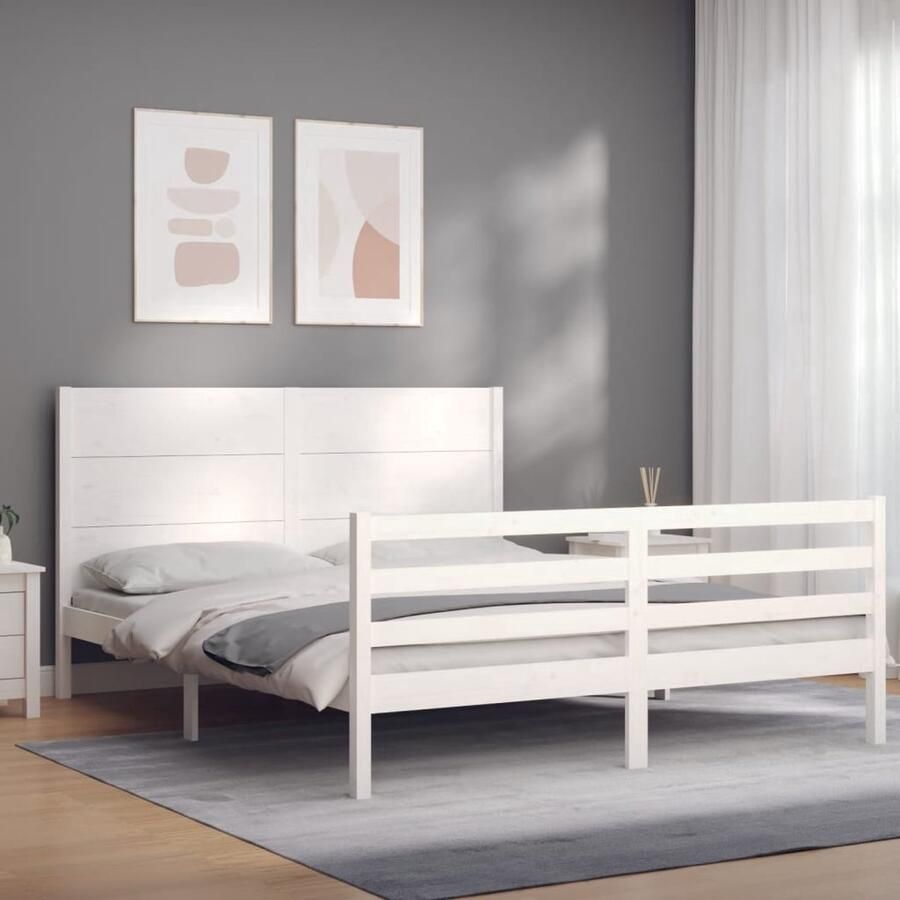 The Living Store Bedframe Massief Grenenhout Wit 205.5 x 155.5 x 100 cm Multiplex Lattenbodem Massief Hout Bed Frame Wit Bed Frame Grenenhouten Bed King Size Bed Boxspring Bed
