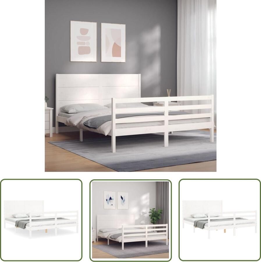 The Living Store Bedframe met hoofdbord massief hout wit 160x200 cm Bedframe Bedframes Bed Tweepersoonsbed Slaapkamermeubel Houten Bedframe Houten Bed Bedbodem Massief Houten Bedframe Ledikant Bedframe Met Hoofdeinde - Foto 5