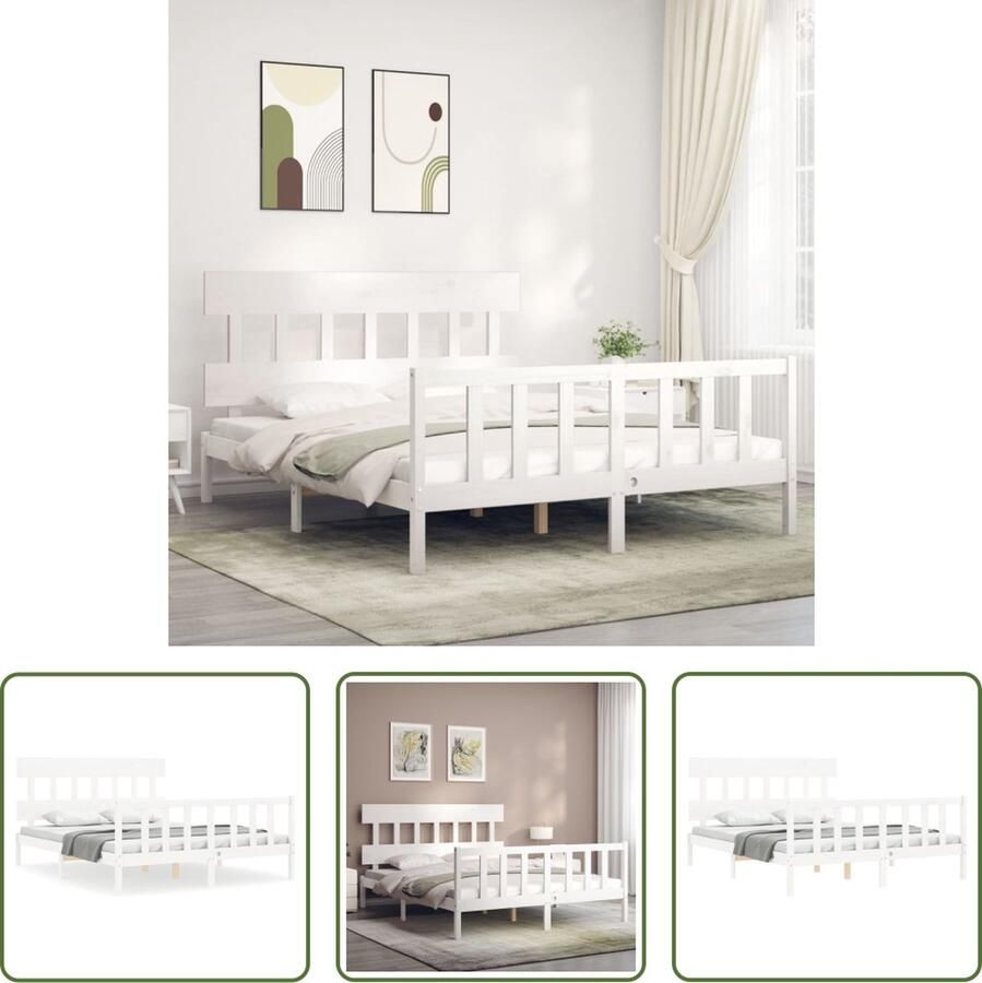 The Living Store Bedframe met hoofdbord massief hout wit 160x200 cm Bedframe Bedframes Bed Tweepersoonsbed Slaapkamermeubel Houten Bedframe Houten Bed Bedbodem Massief Houten Bedframe Ledikant Bedframe Met Hoofdeinde - Foto 3