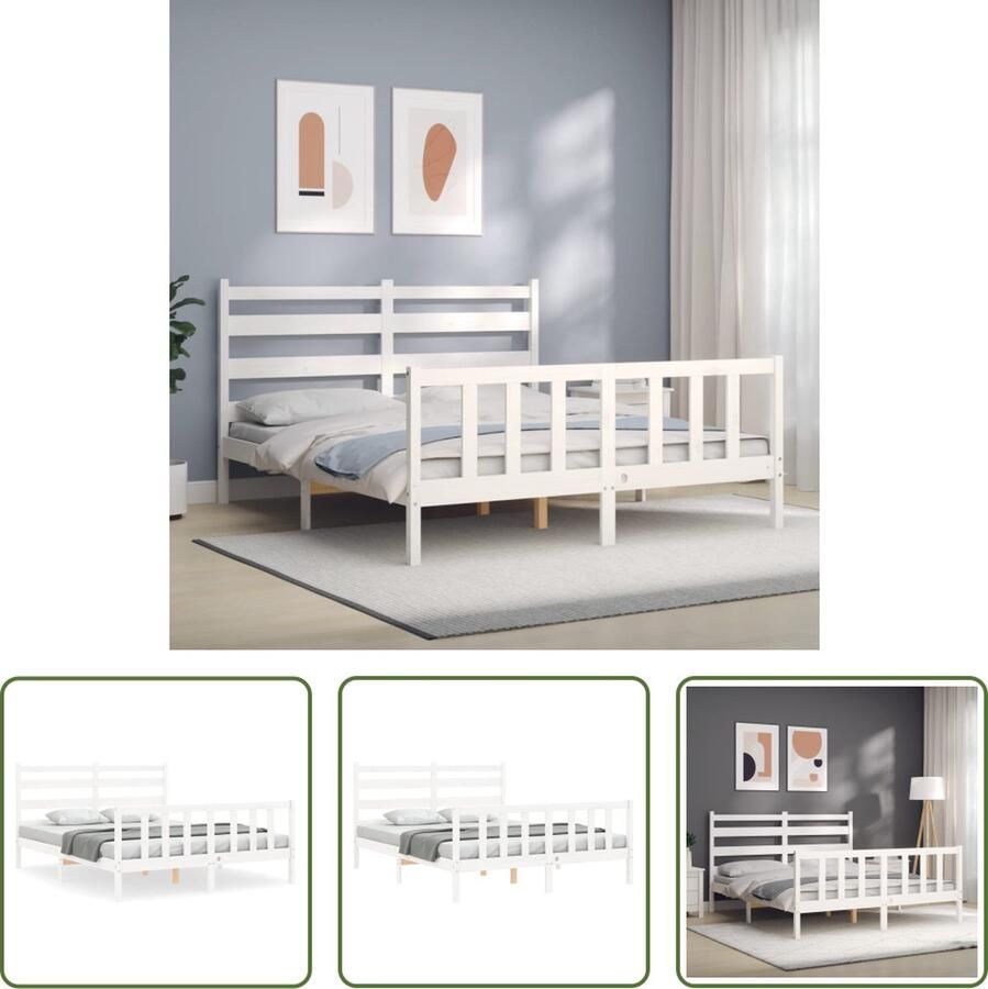 The Living Store Bedframe met hoofdbord massief hout wit 160x200 cm Bedframe Bedframes Bed Tweepersoonsbed Slaapkamermeubel Houten Bedframe Houten Bed Bedbodem Massief Houten Bedframe Ledikant Bedframe Met Hoofdeinde - Foto 2