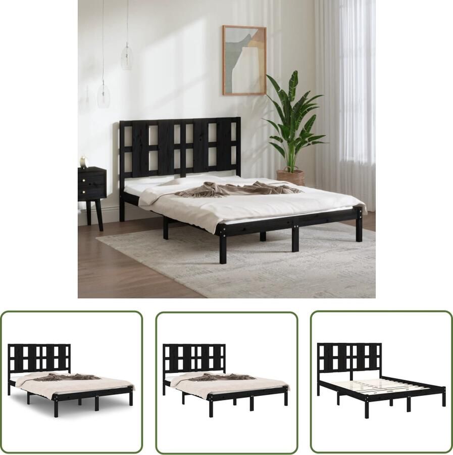 The Living Store Bedframe massief hout zwart 140x200 cm Bedframe Bedframes Tweepersoonsbed Bed Bedombouw Dubbel Bed Frame Bed Frame Ledikant Bedframe Met Hoofdeinde Tweepersoonsbedden - Foto 4