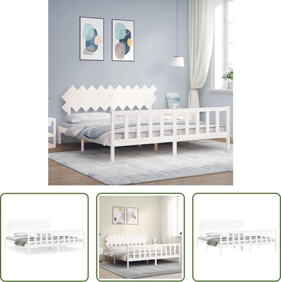 The Living Store Bedframe met hoofdbord massief hout wit 200x200 cm Bedframe Bedframes Bed Tweepersoonsbed Slaapkamermeubel Houten Bedframe Houten Bed Bedbodem Massief Houten Bedframe Ledikant Bedframe Met Hoofdeinde - Foto 2