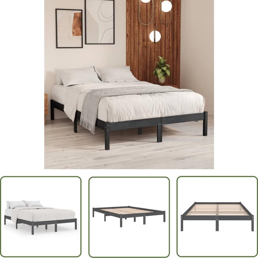 The Living Store Bedframe Grenenhout King Size Grijs 205.5 x 155.5 x 31 cm Montage vereist Massieve Houten Bed Frame King Size Bed Grijze Bed Frame Tweepersoons Bed Slaapcomfort