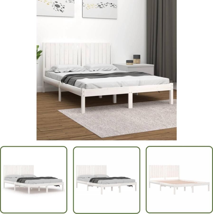 The Living Store Houten Bedframe s 150x200 cm Wit Massief Grenenhout Houten Bedframe Bed King Size Bed Tweepersoonsbed Massief Hout