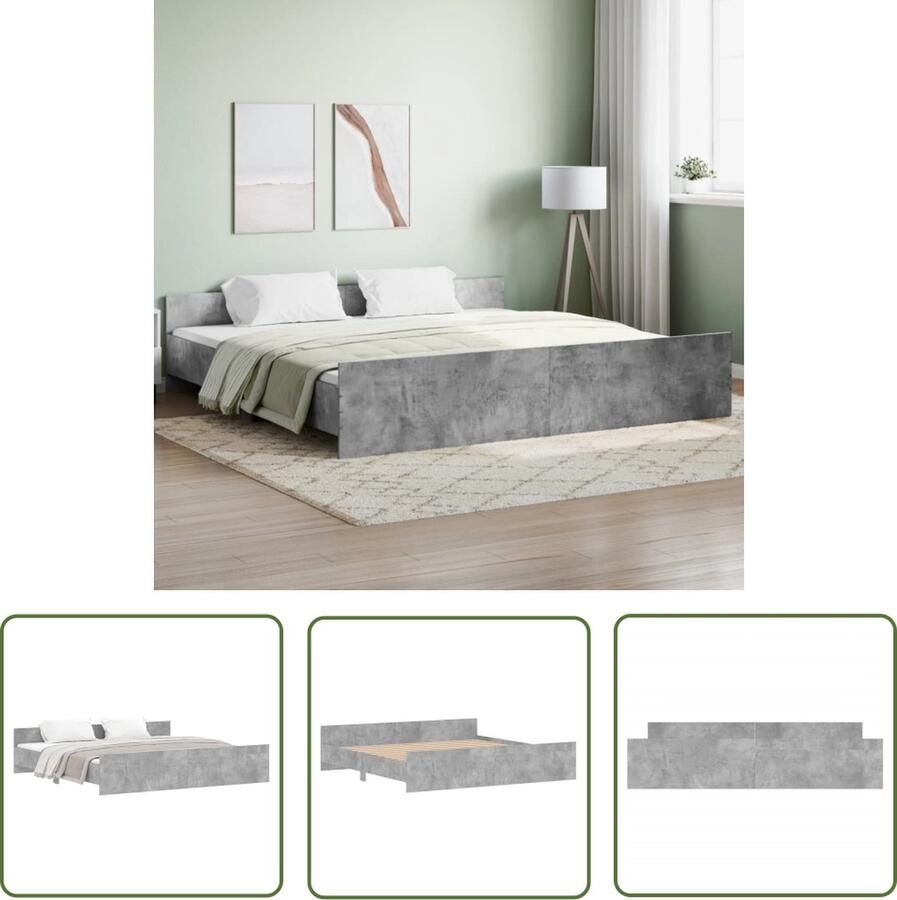 The Living Store Bedframe Grenenhout Betongrijs 203 x 183 x 50 cm Functioneel hoofd- en voeteneinde Stevige lattenbodem Montage vereist Bed Frame Houten Bed Met Hoofdeind Beton Grijs Tweepersoonsbed - Foto 2