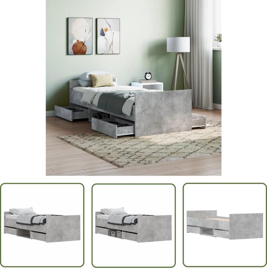 The Living Store Bedframe Betongrijs 193 x 78 x 50 cm Duurzaam hout Functioneel hoofd- en voeteneinde Veel opbergruimte Beton Grijs Bed Houten Bed Tweepersoonsbed Boxspring Bed Stapelbare Bedlade - Foto 2