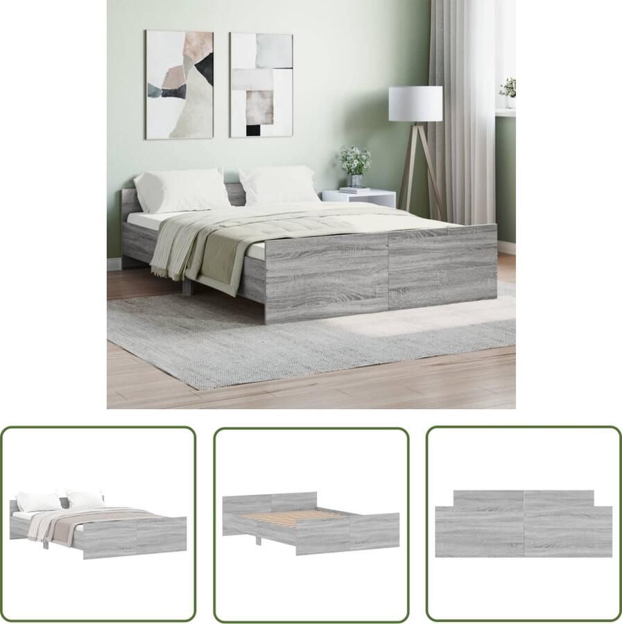 The Living Store Bedframe Functioneel Bed Afmetingen- 193x143x50 cm Kleur- Grijs Sonoma Eiken Materiaal- Bewerkt hout en massief grenenhout Montage vereist Bed Frame Houten Bed Slaapcomfort Grijze Bed Modern Bed - Foto 2