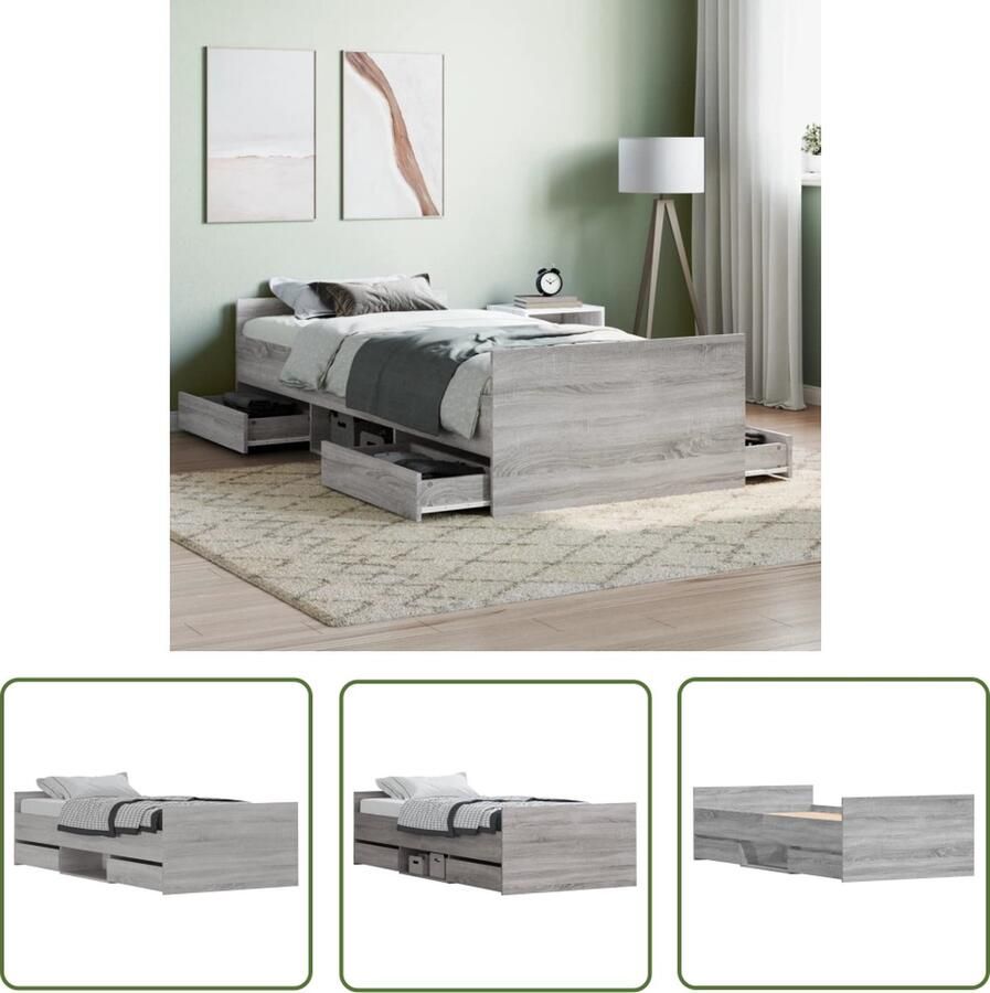 The Living Store Bedframe Afmetingen- 203 x 93 x 50 cm Kleur- Grijs Sonoma Eiken Materiaal- Bewerkt hout en massief grenenhout Ken- Met lades en opbergruimte Montage vereist - Foto 2