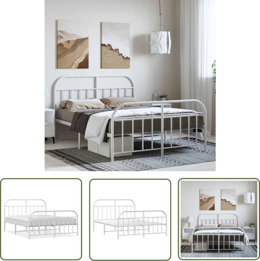 The Living Store Bedframe met hoofd- en voeteneinde metaal wit 150x200 cm Robuust Bedframe Klassiek Bed Metalen Bedframe Wit Bed Boxspring Bed