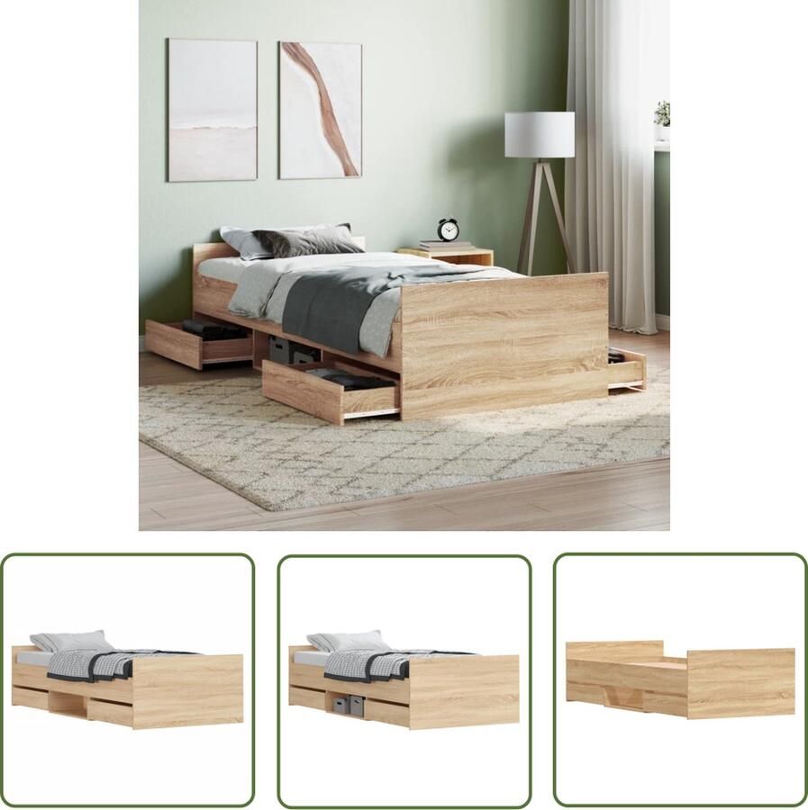 The Living Store Bedframe Logeerbed met 4 lades en schappen 203x103x50 cm Sonoma eiken Matras niet inbegrepen Logeerbed Bed Frame Houten Bed Sonoma Eiken Tweepersoonsbed - Foto 2