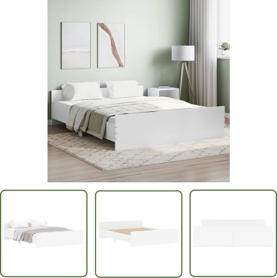 The Living Store Bedframe wit 203 x 143 x 50 cm bewerkt hout functioneel hoofd- en voeteneinde stevige lattenbodem montage vereist Slaapcomfort Houten Bed Frame Tweepersoons Bed Wit Bed Frame Kopen - Foto 2