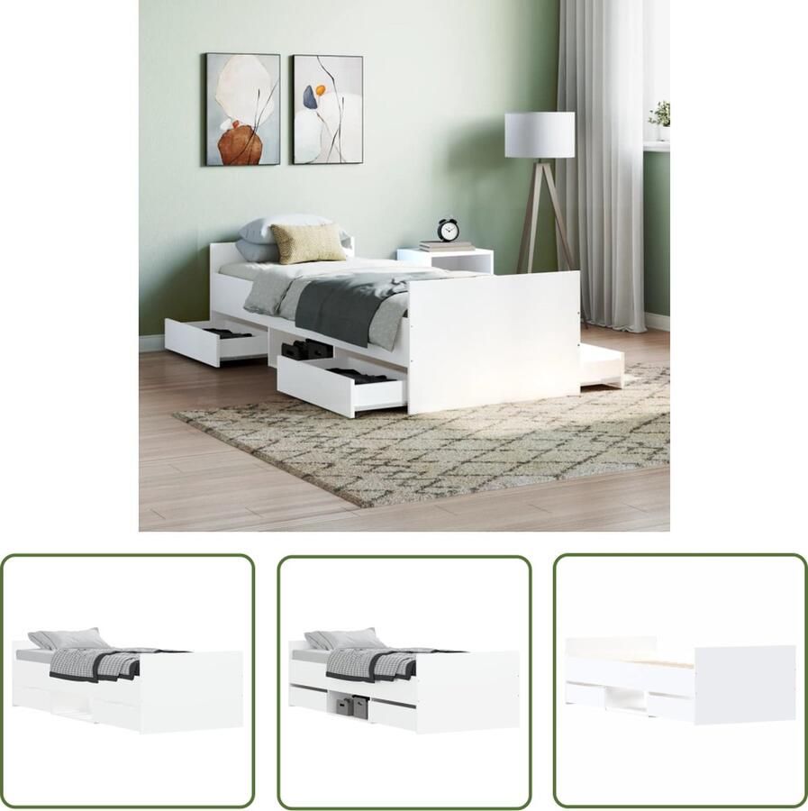 The Living Store Bedframe Logeerbed met 4 lades en schappen Duurzaam hout Functioneel hoofd- en voeteneinde Stevige lattenbodem Wit 193x78x50cm Slaapcomfort Bed Frame Houten Bed Tweepersoonsbed Boxspring Bed - Foto 2