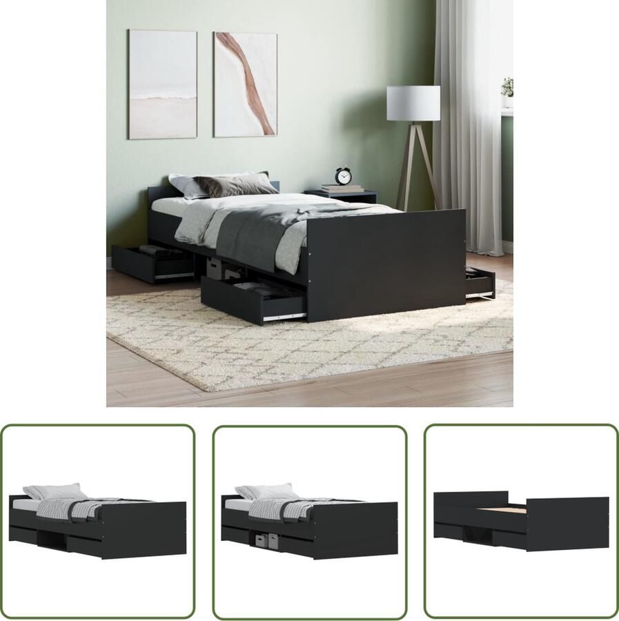 The Living Store Bedframe Zwarte bewerkt houten bedframe met handige opbergruimte 203 x 103 x 50 cm (L x B x H) Geschikt voor matras 100 x 200 cm Sterke lattenbodem Montage vereist - Foto 2