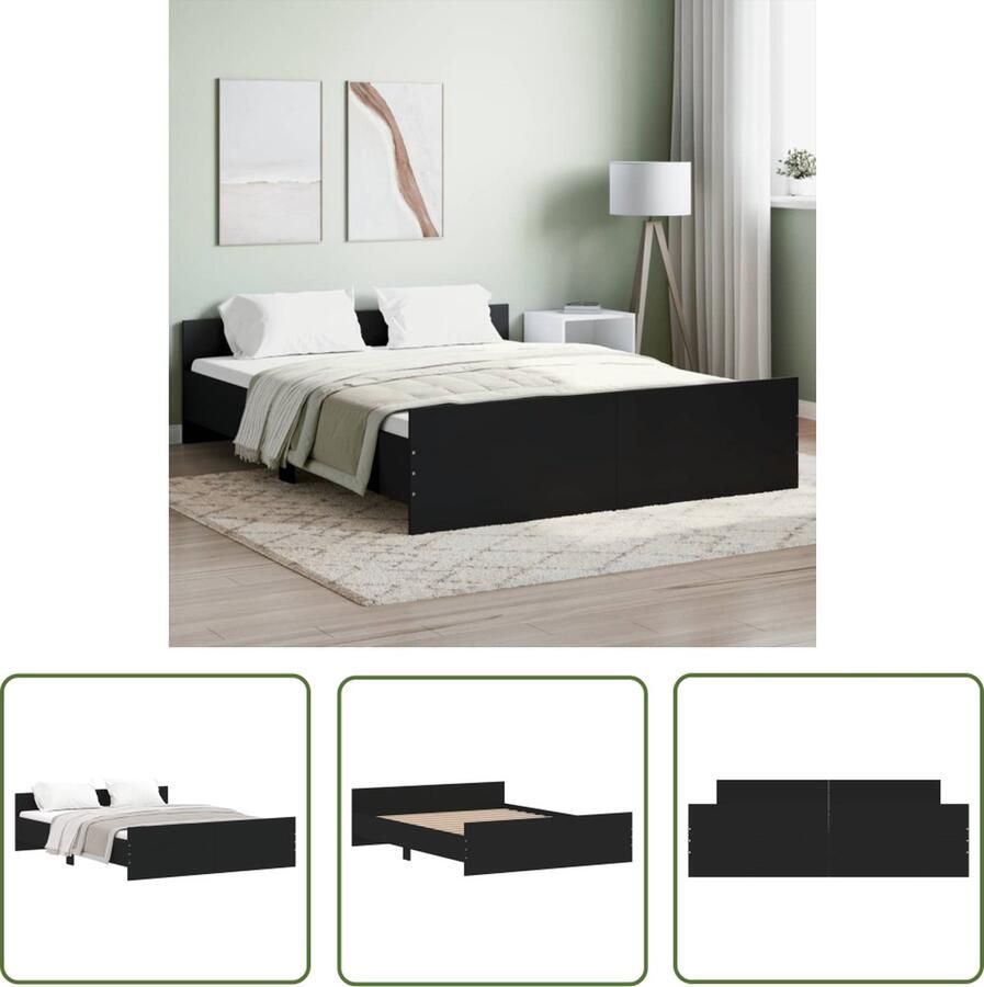 The Living Store Bedframe Zwart 203 x 153 x 50 cm Duurzaam hout Functioneel hoofd- en voeteneinde Stevige lattenbodem Matras niet inbegrepen Slaapcomfort Tweepersoons Bed Houten Bed Frame Zwarte Bedbank Lattenbodem - Foto 2