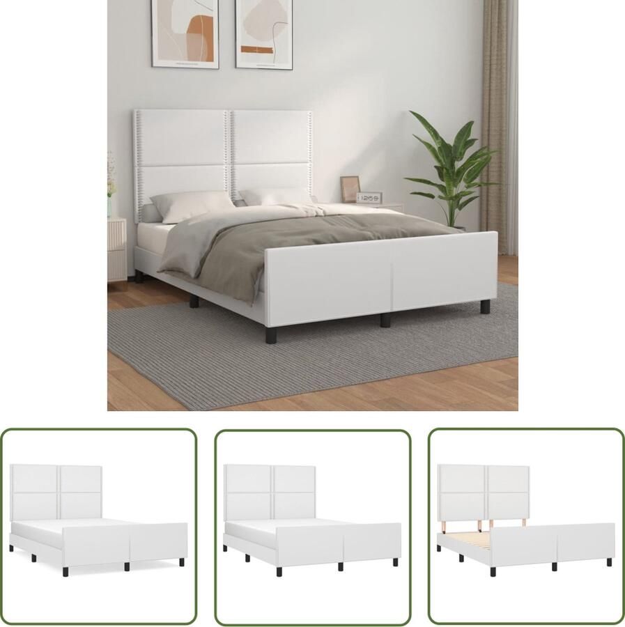 The Living Store Bedframe Kunstleren hoofdeinde Verstelbare hoogte Ondersteunende poten Multiplex lattenbodem Comfortabele ondersteuning Wit 203 x 146 x 118 128 cm Geschikt voor 140 x 200 cm matras (matras niet inbegrepen)