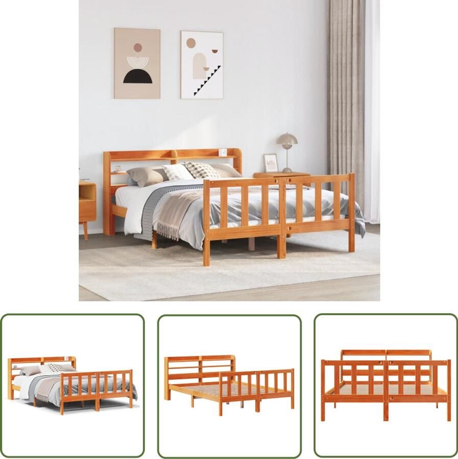 The Living Store Bedframe met hoofdbord massief grenenhout wasbruin 150x200 cm Massief Grenenhout Bed Tweepersoons Bed Bedframe Met Opbergvakken Wasbruine Bed Hout Bed