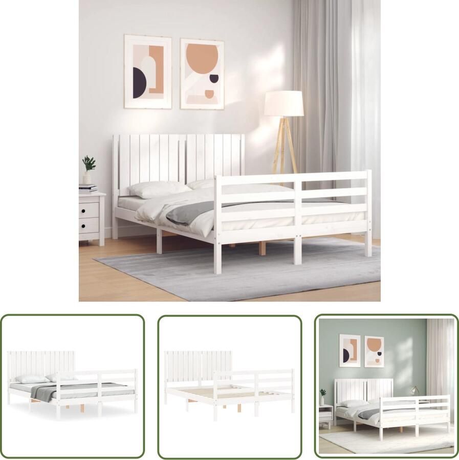 The Living Store Bedframe Grenenhouten Massief Wit 205.5 x 145.5 x 100 cm Multiplex lattenbodem Massief Hout Bed Frame Grenenhouten Bed Wit Bed Tweepersoons Bed Boxspring Bed - Foto 2