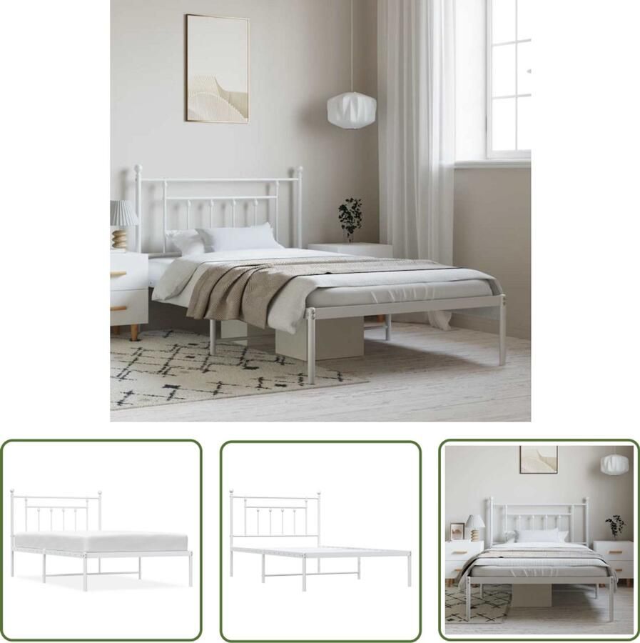 The Living Store Bedframe met hoofdbord metaal wit 100x200 cm Klassieke Bedframe Metalen Bedframe Wit Bedframe Staal Tweepersoonsbed - Foto 2
