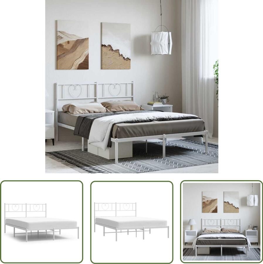 The Living Store Bedframe met hoofdbord metaal wit 150x200 cm Robuust Bed Frame Houten Bed Frame Metalen Bed Frame King Size Bed Tweepersoons Bed