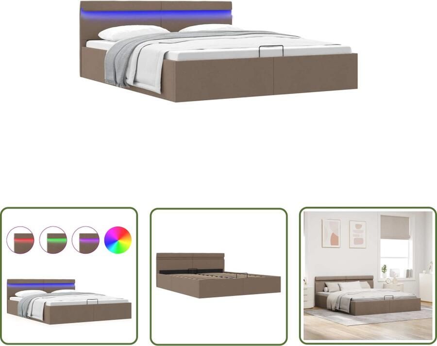 The Living Store Bedframe met hydraulische opslag en LED stof taupe 180x200 cm Bedframe Bedframes Bed Bedden Tweepersoonsbed Tweepersoonsbedden Slaapkamermeubilair Slaapkamermeubel Slaapkamermeubels Slaapkamermeubelen Slaapmeubel