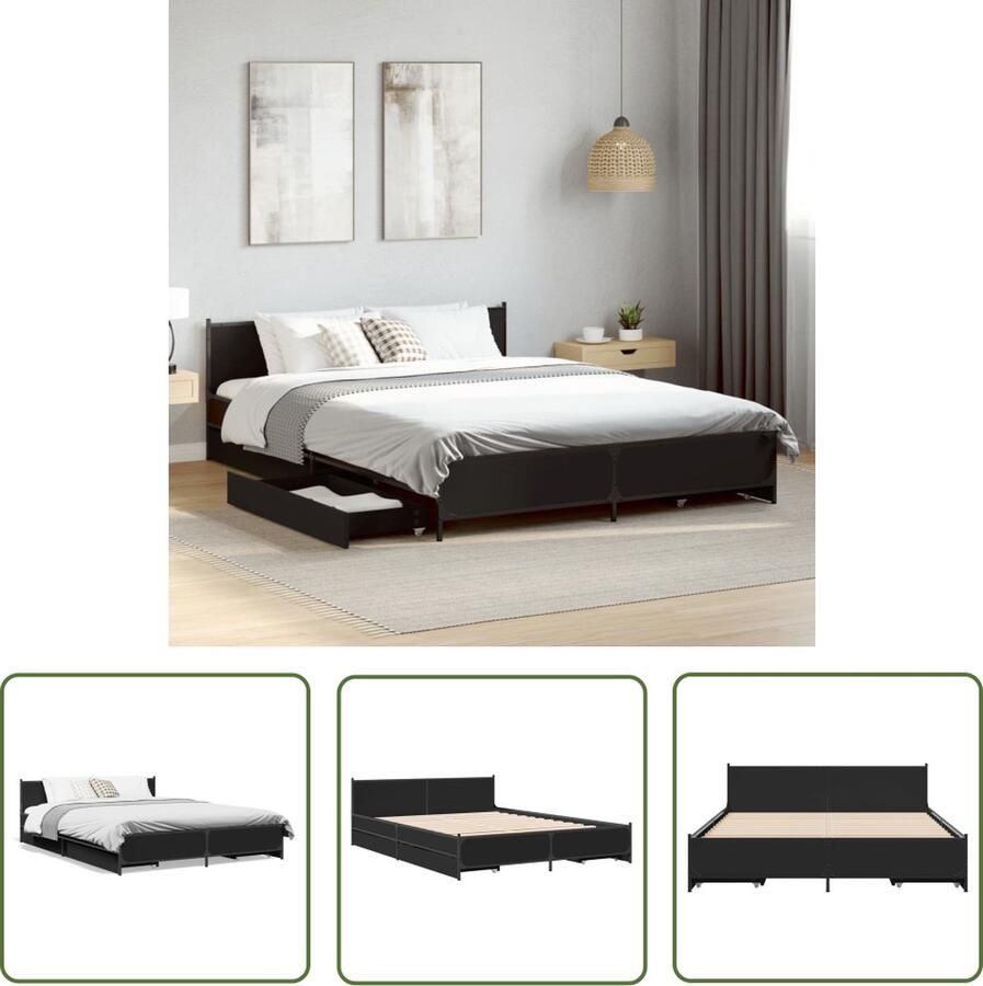 The Living Store Bedframe Met Lades 193 x 123 x 56.5 cm Zwart Bewerkt Hout en Staal Bed Frame Houten Bed Met Lades Boxspring Frame Tweepersoons Bed
